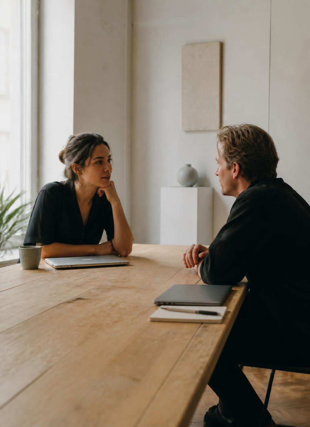 Warm candid conversation at a studio table, with hands, notebooks and natural light.